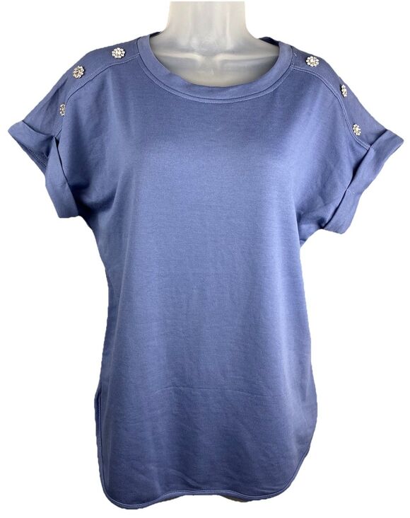 Cupio Tops - Cupio Blush Rhinestone Accent Knit Top Women's S Blue Cuffed Sleeve Comfy Bling